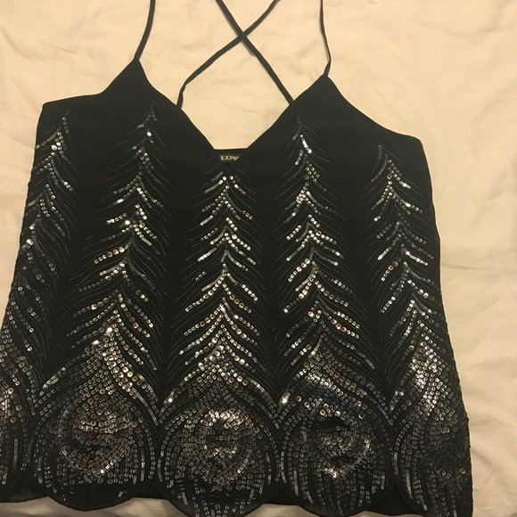 Express Sequin feather sexy black spaghetti strap top L - Picture 4 of 5